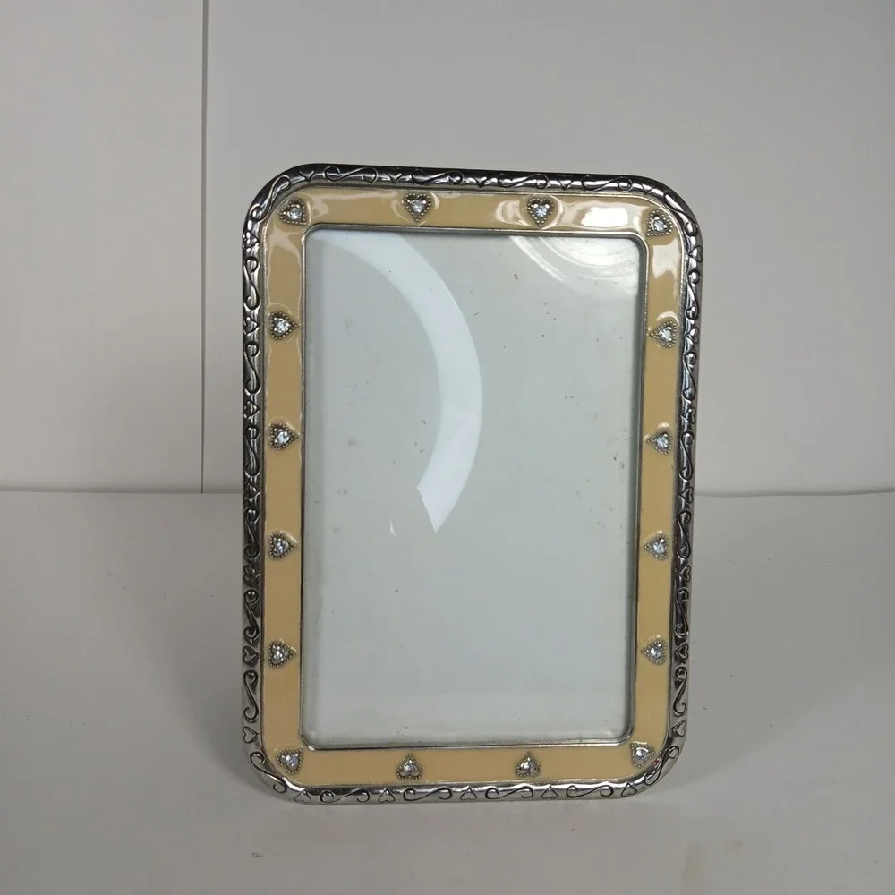 Photo Frame By Elsal Beige Enamel/Silver Tone With Hearts Rhinestones Swirl 5x7